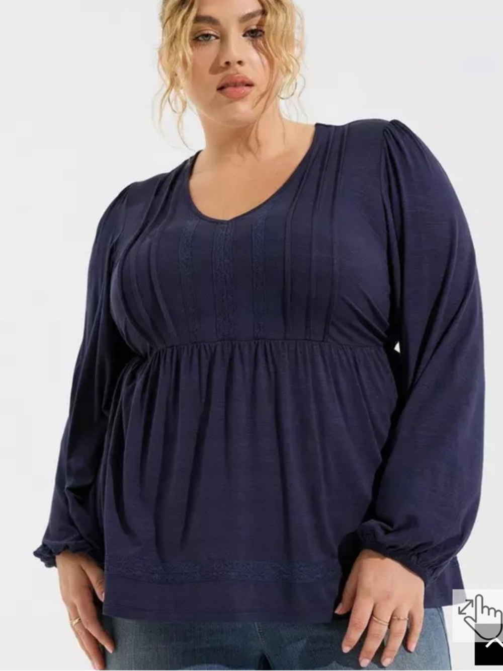 Torrid Slub Navy Pintuck Babydoll V-Neck Lace Insert Long Sleeve Top